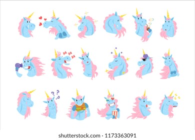 Funny unicorn characters with different emotions set colorful vector Illustrations