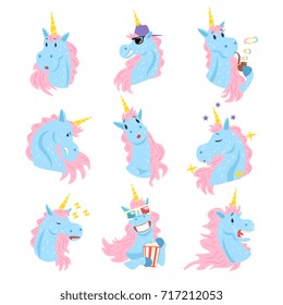 Funny unicorn characters with different emotions set colorful vector Illustrations