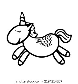 Funny unicorn in childish hand drawn doodle style. Vector illustration isolated on white. Magical animal. Coloring page book.