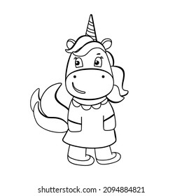 Funny unicorn coloring book. Cute cartoon pony character in black and white style. For postcards, posters, book illustrations. Vector illustration