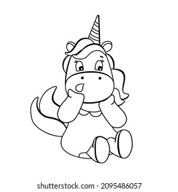 Funny unicorn coloring book. Cute surprised cartoon pony character in black and white style. For postcards, posters, book illustrations. Vector illustration