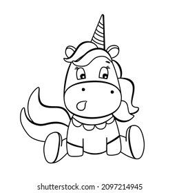 Funny unicorn coloring book. Cute surprised cartoon pony character in black and white style. For postcards, posters, book illustrations. Vector illustration