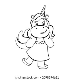 Funny unicorn coloring book. Cute cartoon pony character in black and white style. For postcards, posters, book illustrations. Vector illustration