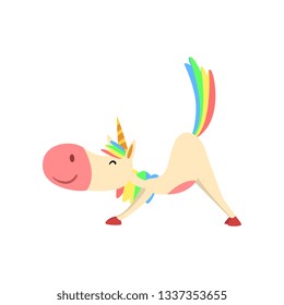 Funny Unicorn in Cow Position, Fantasy Beautiful Horse Character with Rainbow Mane and Tail Practicing Yoga Exercise Vector Illustration