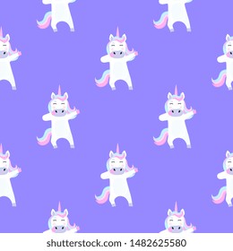 Funny unicorn dabbing. Seamless pattern for the decoration of the nursery for a girl or boy, for the design of kids clothing, things