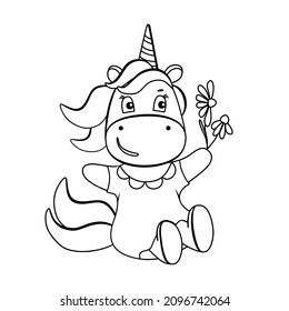 Funny unicorn with daisy flowers coloring book. Cute cartoon pony character in black and white style. For postcards, posters, book illustrations. Vector illustration