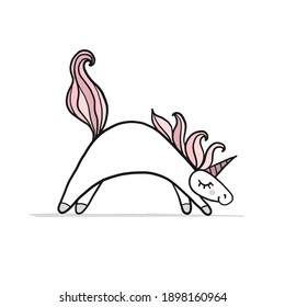 Funny Unicorn doing yoga, sketch for your design. Vector illustration