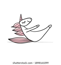 Funny Unicorn doing yoga, sketch for your design. Vector illustration