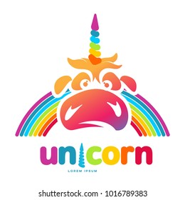 Funny unicorn face graphic logo template. Full color catroon unicorn head and rainbow logo design for web, advertisements, brochures, business templates. Vector illustration on white background.
