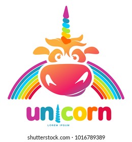 Funny unicorn face graphic logo template. Full color catroon unicorn head and rainbow logo design for web, advertisements, brochures, business templates. Vector illustration on white background.