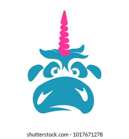 Funny unicorn face graphic logo template. Full color catroon unicorn head and rainbow logo design for web, advertisements, brochures, business templates. Vector illustration on white background.