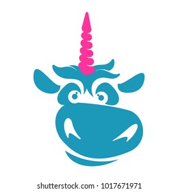 Funny unicorn face graphic logo template. Full color catroon unicorn head and rainbow logo design for web, advertisements, brochures, business templates. Vector illustration on white background.