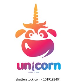 Funny unicorn face graphic logo template. Full color catroon unicorn head and rainbow logo design for web, advertisements, brochures, business templates. Vector illustration on white background.