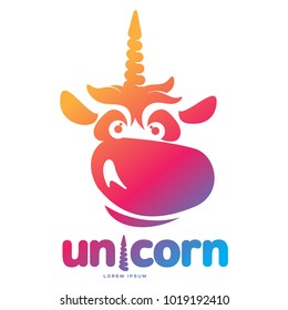 Funny unicorn face graphic logo template. Full color catroon unicorn head and rainbow logo design for web, advertisements, brochures, business templates. Vector illustration on white background.