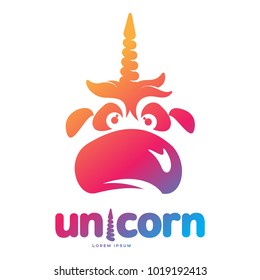 Funny unicorn face graphic logo template. Full color catroon unicorn head and rainbow logo design for web, advertisements, brochures, business templates. Vector illustration on white background.