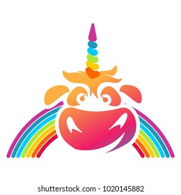 Funny unicorn face graphic logo template. Full color catroon unicorn head and rainbow logo design for web, advertisements, brochures, business templates. Vector illustration on white background.