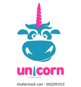 Funny unicorn face graphic logo template. Full color catroon unicorn head and rainbow logo design for web, advertisements, brochures, business templates. Vector illustration on white background.