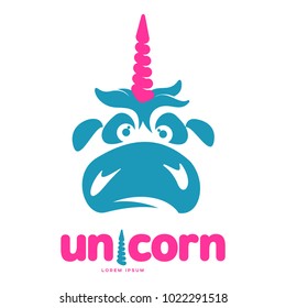 Funny unicorn face graphic logo template. Full color catroon unicorn head and rainbow logo design for web, advertisements, brochures, business templates. Vector illustration on white background.