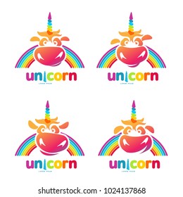 Funny unicorn face set graphic logo template. Full color catroon unicorn head and rainbow logo design for web, advertisements, brochures, business templates. Vector illustration on white background.