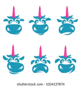Funny unicorn face set graphic logo template. Full color catroon unicorn head and rainbow logo design for web, advertisements, brochures, business templates. Vector illustration on white background.