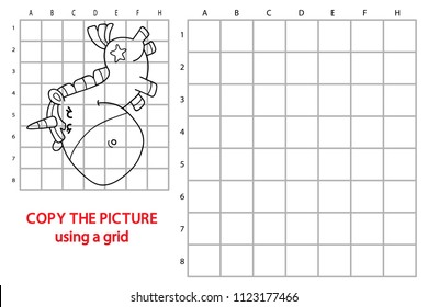 funny unicorn game. Vector illustration of grid copy puzzle with happy cartoon unicorn for children