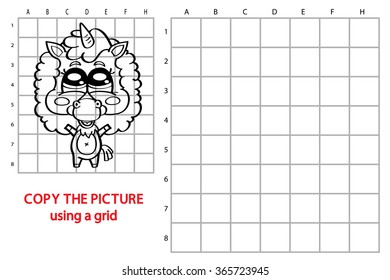 funny unicorn game. Vector illustration of grid copy puzzle with happy cartoon unicorn for children