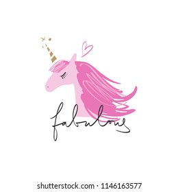 Funny unicorn head art. Hand lettered "Fabulous" text, handwriting, lettering. Stylish print for posters, cards, mugs, clothes and other. Vector Illustration, clipart. Isolated on white background.