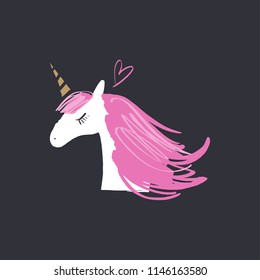 Funny unicorn head art. Stylish print for posters, cards, mugs, clothes and other. Vector Illustration, clipart.