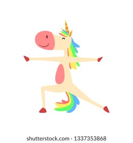 Funny Unicorn in Hero Position, Fantasy Beautiful Horse Character with Rainbow Mane and Tail Practicing Yoga Exercise Vector Illustration