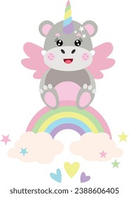 Gracioso hipopótamo unicornio sobre el arcoiris mágico
