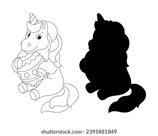 A funny unicorn is holding a big Easter egg. Black silhouette. Design element. Vector illustration isolated on white background. Template for books, stickers, posters, cards, clothes.