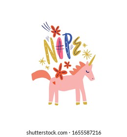 Funny unicorn horse hand drawn color illustration. Sarcastic isolated animal. Nope handwritten quote. Ironic unicorn sketch, drawing in flat modern scandinavian style. Funny cartoon character