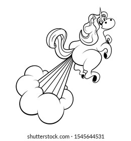 Funny Unicorn horse with rainbows fart and get flying, start-up business mascot characters coloring book cartoon vector