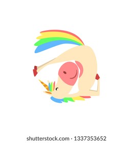 Funny Unicorn in Invert Position, Fantasy Beautiful Horse Character with Rainbow Mane and Tail Practicing Yoga Exercise Vector Illustration
