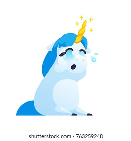 Funny unicorn isolated on white background. Sad unicorn in cartoon style. Vector illustration.