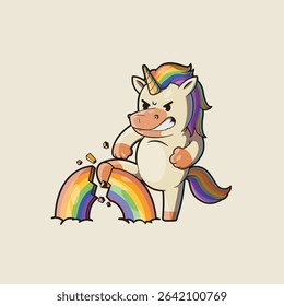 Funny Unicorn Kicking Rainbow vector illustration. Myth, mascot design concept.