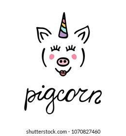 Funny unicorn pig vector illustration. Piggycorn. Drawing in doodle style.