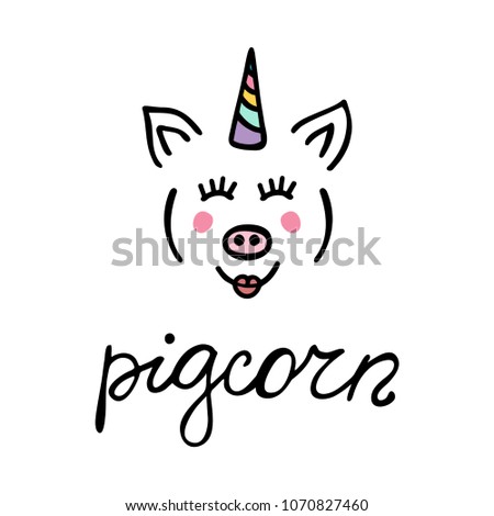 Funny unicorn pig vector illustration. Piggycorn. Drawing in doodle style.