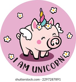 Funny unicorn piggy on round sticker
