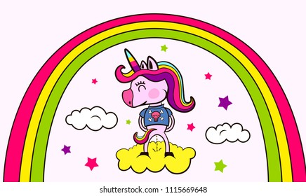 Funny unicorn pissing on the cloud. Cute magical unicorn and rainbow.