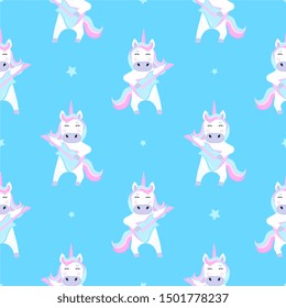 Funny unicorn plays guitar. Seamless pattern for the decoration of the nursery for a girl or boy, for the design of kids clothing, things