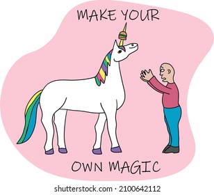 Funny unicorn pocket vector Sketch. Cheerful unicorn took a hamburger from a man. print design on t-shirt, cute tee print. Make your own magic