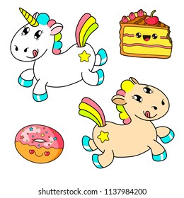 Funny unicorn, ponies and cake. Vector doodle in kawaii style