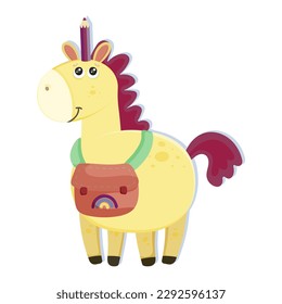 Funny unicorn or pony with pencil on a head. Cute cartoon animal for study English at school. Happy little horse zoo pupil character sticker for print. Colorful flat vector illustration