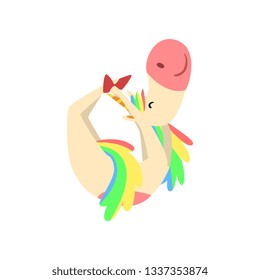 Funny Unicorn Practicing Yoga Exercise, Fantasy Beautiful Horse Character with Rainbow Mane and Tail in Bow Position Vector Illustration