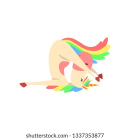 Funny Unicorn Practicing Yoga Exercise, Fantasy Beautiful Horse Character with Rainbow Mane and Tail in Invert Position Vector Illustration