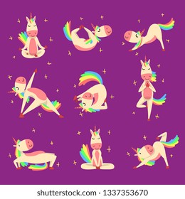 Funny Unicorn Practicing Yoga Exercises Set , Fantasy Lovely Horse Character with Rainbow Mane and Tail Vector Illustration