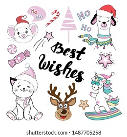 Funny unicorn rides on a snowboard, cat, deer, Christmas llama and mouse. Christmas collection on a white background