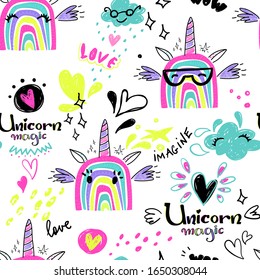 Funny unicorn seamless pattern. Rainbow and hearts repeated print for fashion textile, childish clothes, wrapping paper.