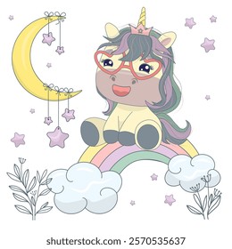 Funny unicorn sitting on rainbow, moon with stars, clouds. Design for printing on t-shirt, poster, banner. Great print for t-shirt, shopper, notebooks, covers, posters and cards